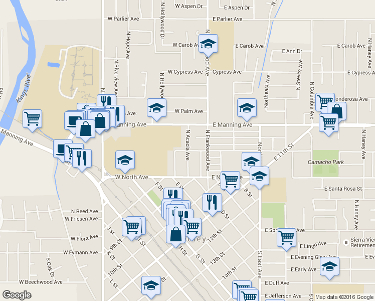 map of restaurants, bars, coffee shops, grocery stores, and more near North Acacia Avenue & West Myrtle Avenue in Reedley