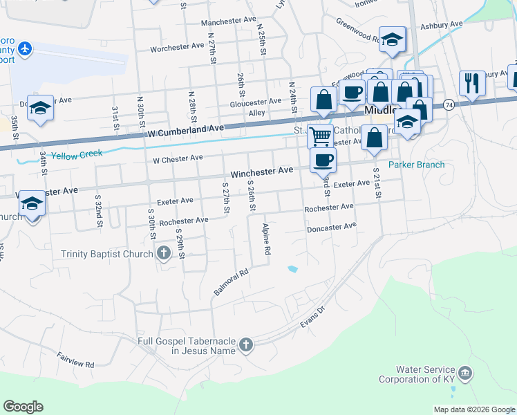 map of restaurants, bars, coffee shops, grocery stores, and more near 613 Exeter Avenue in Middlesboro
