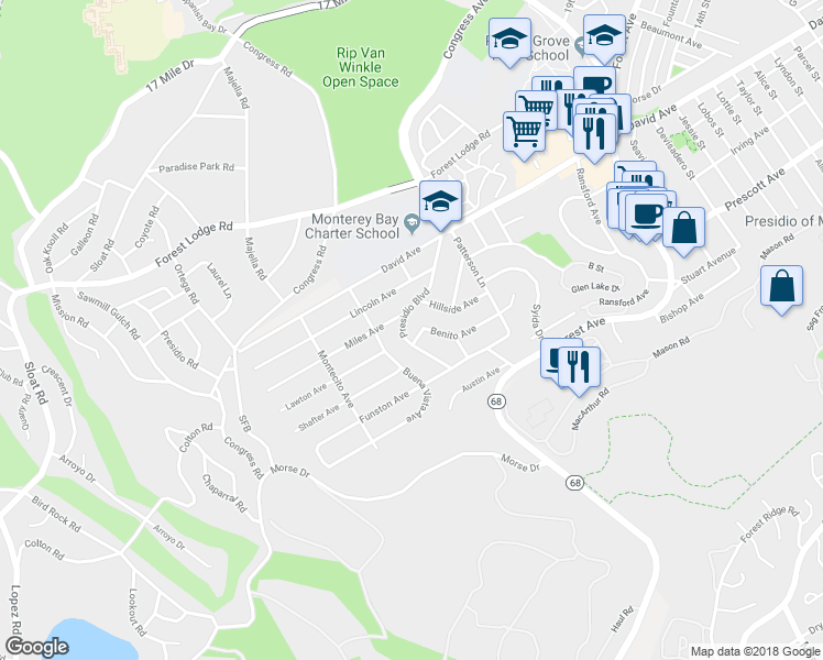 map of restaurants, bars, coffee shops, grocery stores, and more near 1155 Presidio Boulevard in Pacific Grove
