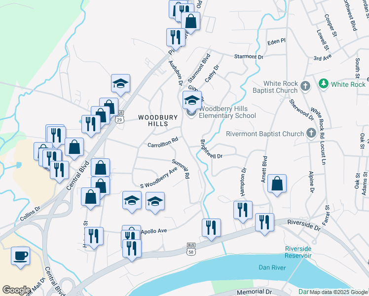 map of restaurants, bars, coffee shops, grocery stores, and more near 113 Carrollton Road in Danville