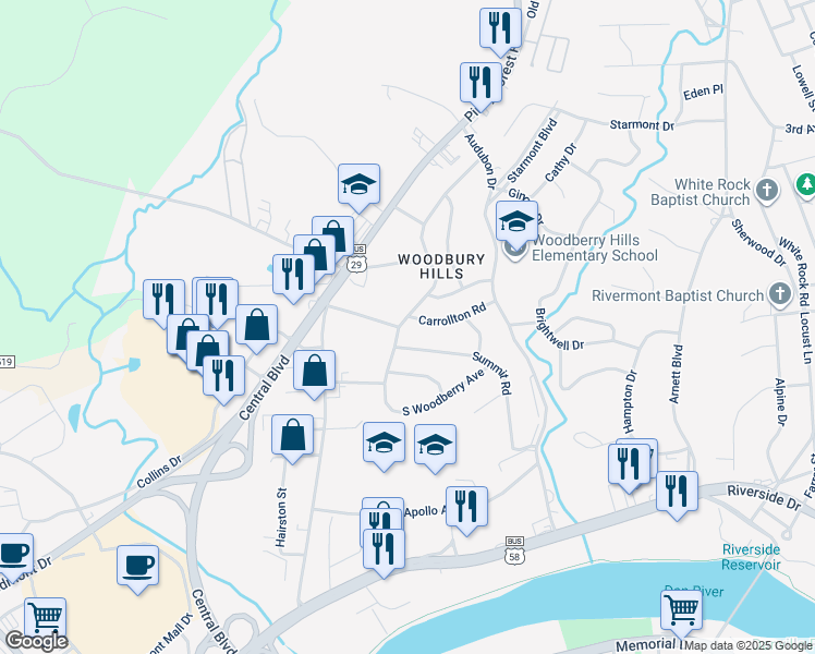 map of restaurants, bars, coffee shops, grocery stores, and more near 501 North Woodberry Avenue in Danville