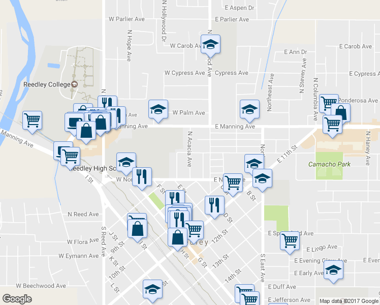 map of restaurants, bars, coffee shops, grocery stores, and more near 198 West Myrtle Avenue in Reedley