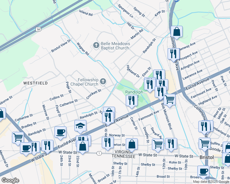 map of restaurants, bars, coffee shops, grocery stores, and more near 616 Randolph Street in Bristol