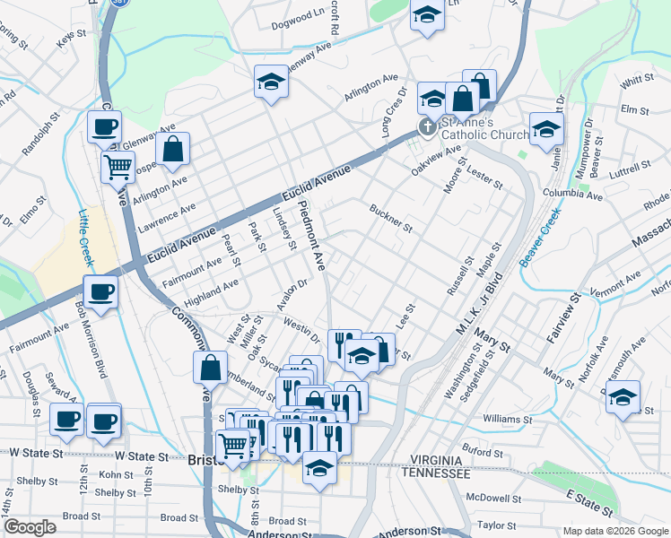 map of restaurants, bars, coffee shops, grocery stores, and more near 120 Hope Lane in Bristol