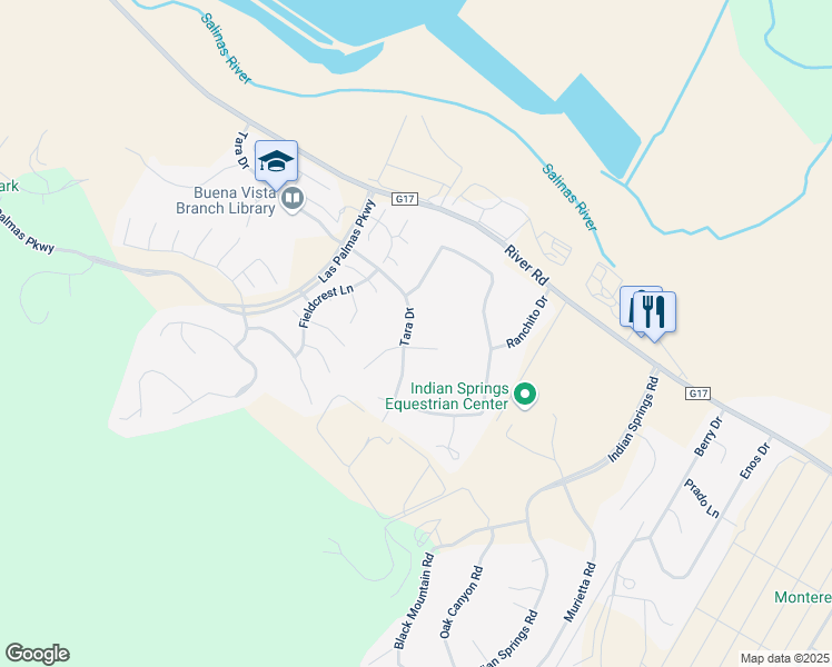 map of restaurants, bars, coffee shops, grocery stores, and more near 18583 Tara Drive in Salinas
