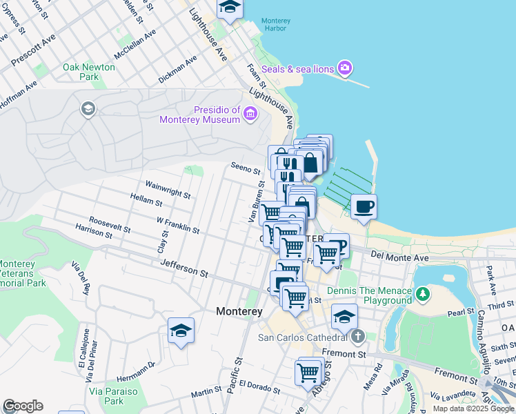 map of restaurants, bars, coffee shops, grocery stores, and more near 439 Scott Street in Monterey
