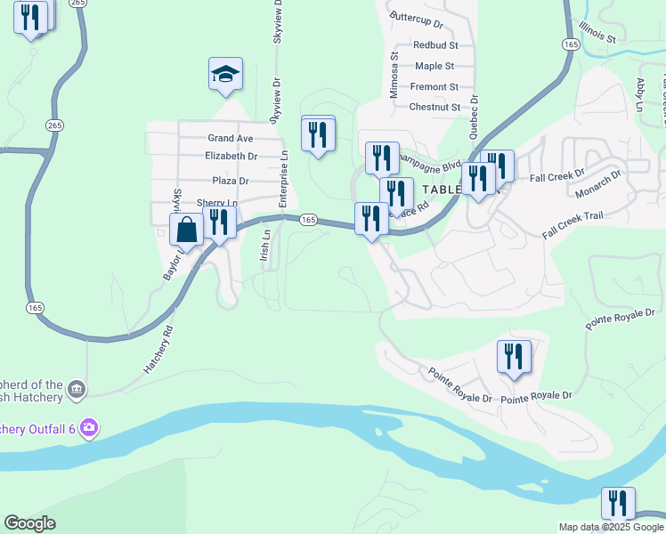map of restaurants, bars, coffee shops, grocery stores, and more near 265 Buckingham Drive in Branson