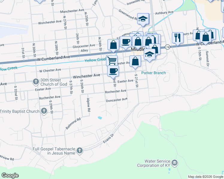 map of restaurants, bars, coffee shops, grocery stores, and more near 415 Exeter Avenue in Middlesboro