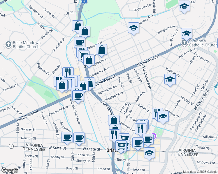 map of restaurants, bars, coffee shops, grocery stores, and more near 1109 Fairmount Avenue in Bristol