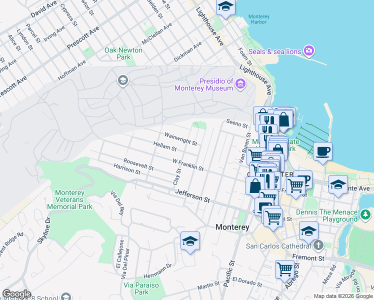 map of restaurants, bars, coffee shops, grocery stores, and more near 318 Clay Street in Monterey