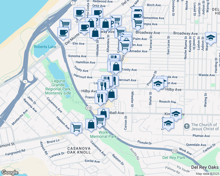 map of restaurants, bars, coffee shops, grocery stores, and more near Fremont Boulevard & Hilby Avenue in Seaside
