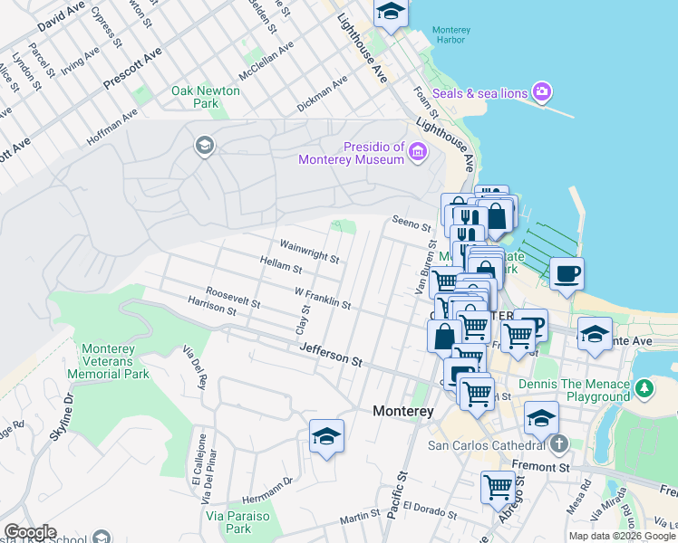 map of restaurants, bars, coffee shops, grocery stores, and more near 298 Monroe Street in Monterey