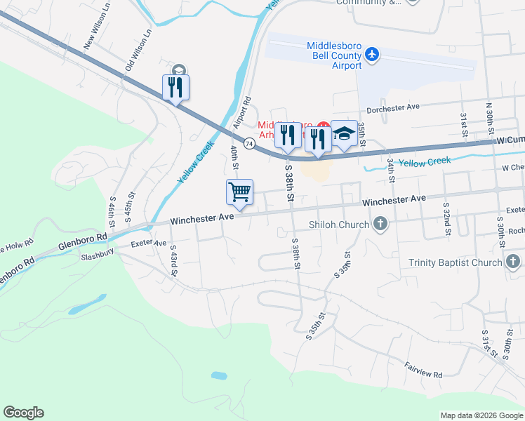 map of restaurants, bars, coffee shops, grocery stores, and more near 201-211 South 39th Street in Middlesboro