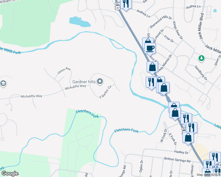 map of restaurants, bars, coffee shops, grocery stores, and more near 7329 South Barker Circle in Fort Campbell
