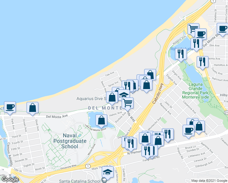 map of restaurants, bars, coffee shops, grocery stores, and more near 120 Dunecrest Avenue in Monterey