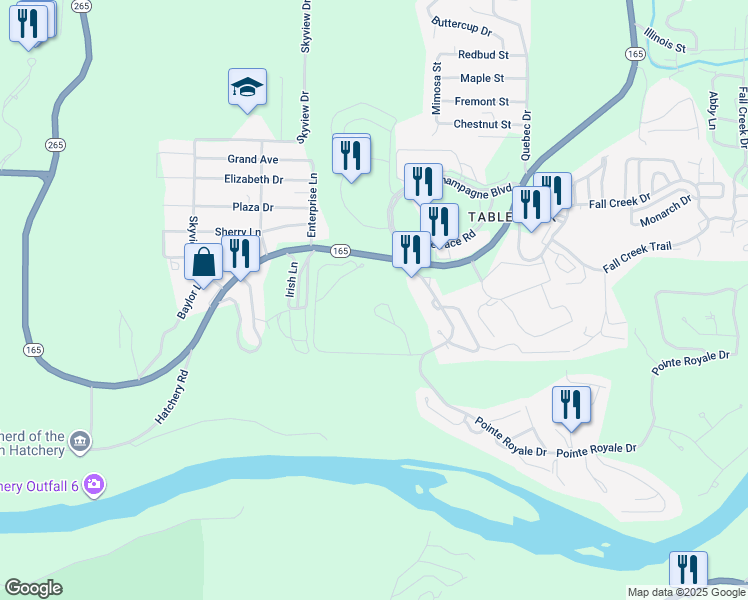 map of restaurants, bars, coffee shops, grocery stores, and more near 265 Buckingham Drive in Branson