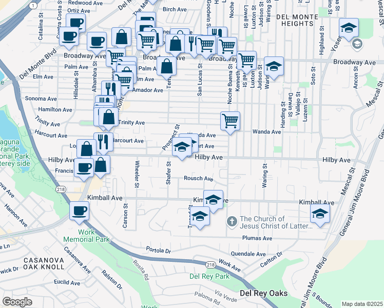 map of restaurants, bars, coffee shops, grocery stores, and more near 1198 Harcourt Avenue in Seaside