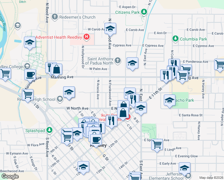 map of restaurants, bars, coffee shops, grocery stores, and more near 165 East Linden Avenue in Reedley