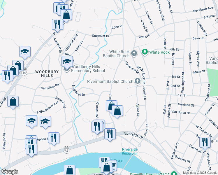 map of restaurants, bars, coffee shops, grocery stores, and more near 263 Arnett Boulevard in Danville