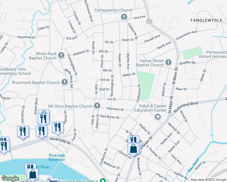 map of restaurants, bars, coffee shops, grocery stores, and more near 1224 Washington Street in Danville
