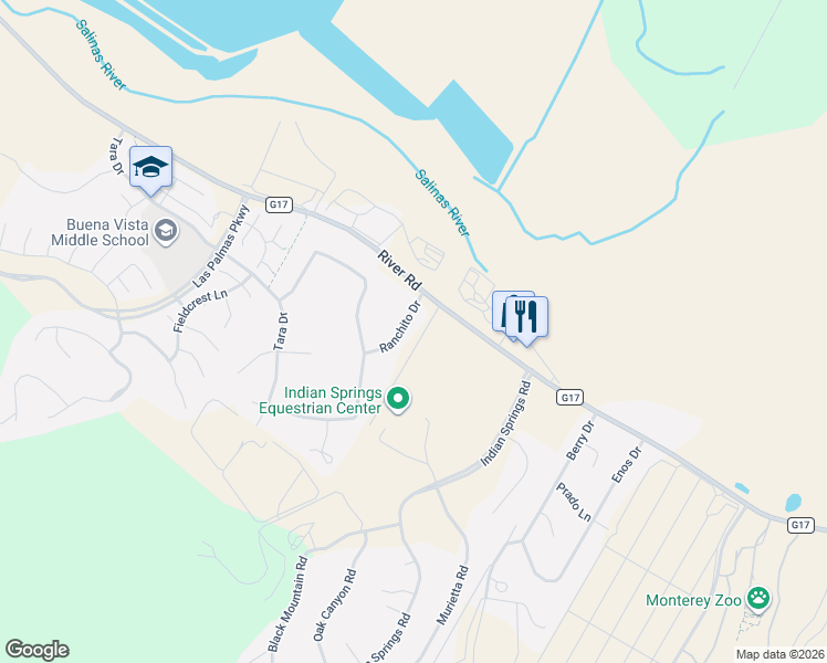 map of restaurants, bars, coffee shops, grocery stores, and more near 22105 Ranchito Drive in Salinas