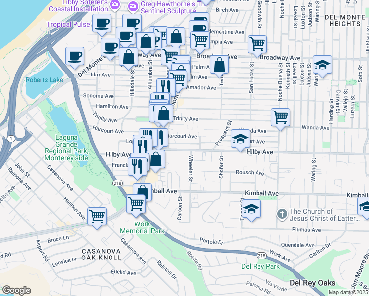 map of restaurants, bars, coffee shops, grocery stores, and more near 942 Harcourt Avenue in Seaside