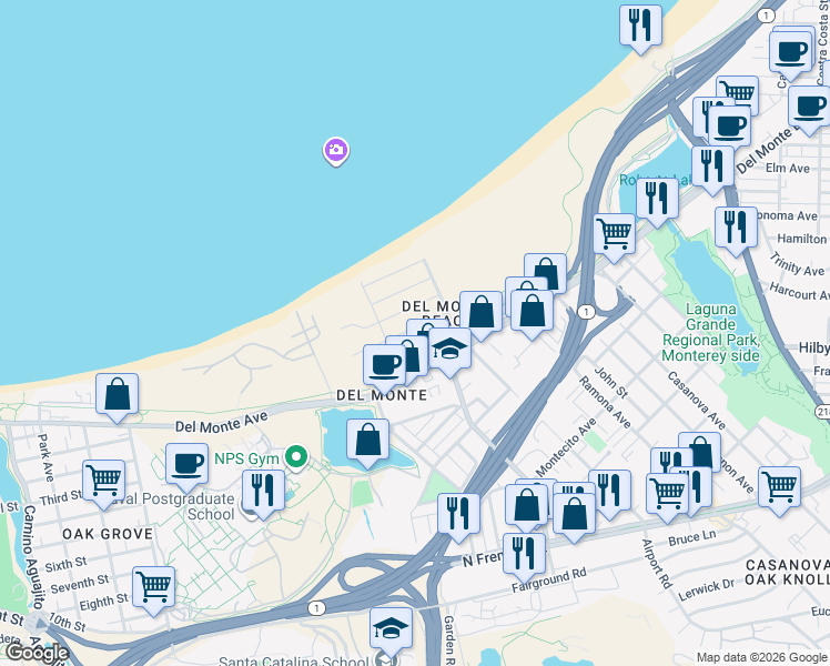 map of restaurants, bars, coffee shops, grocery stores, and more near 133 Dunecrest Avenue in Monterey