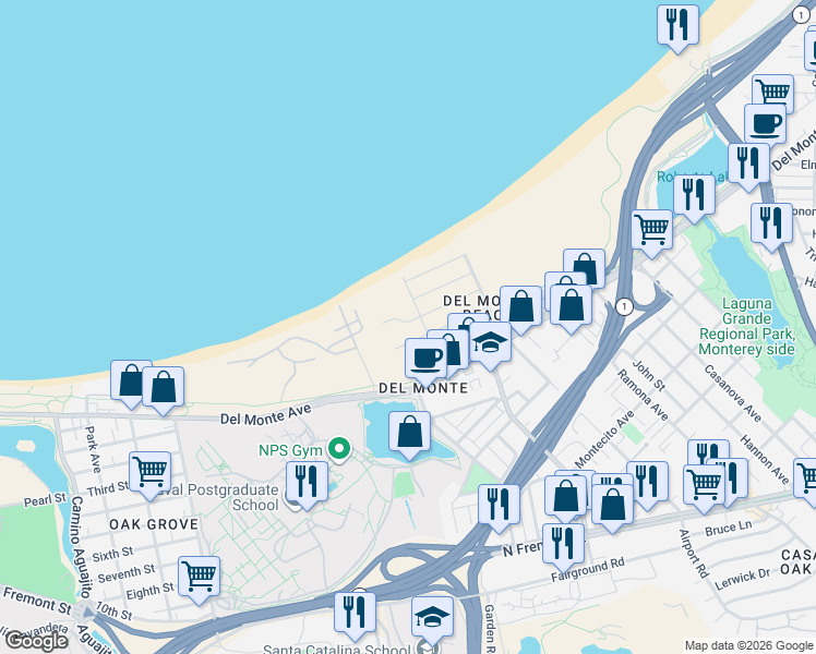 map of restaurants, bars, coffee shops, grocery stores, and more near 100 Spray Avenue in Monterey