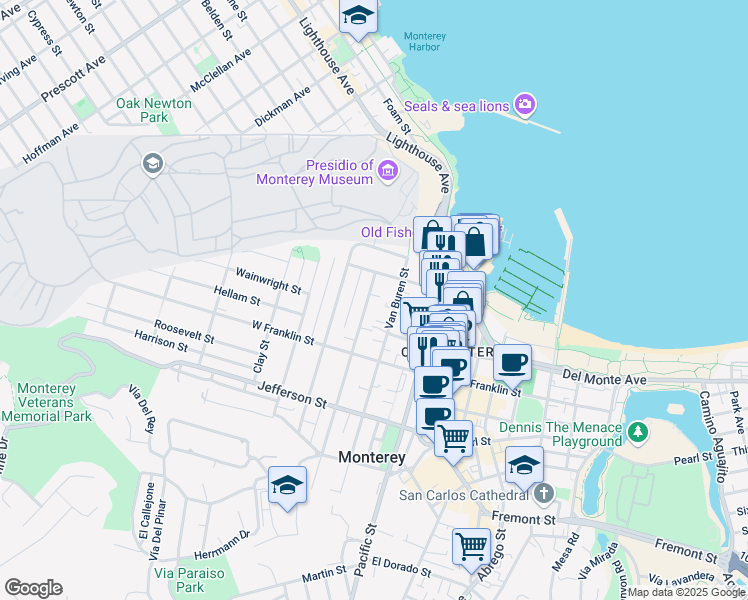 map of restaurants, bars, coffee shops, grocery stores, and more near 235 Larkin Street in Monterey