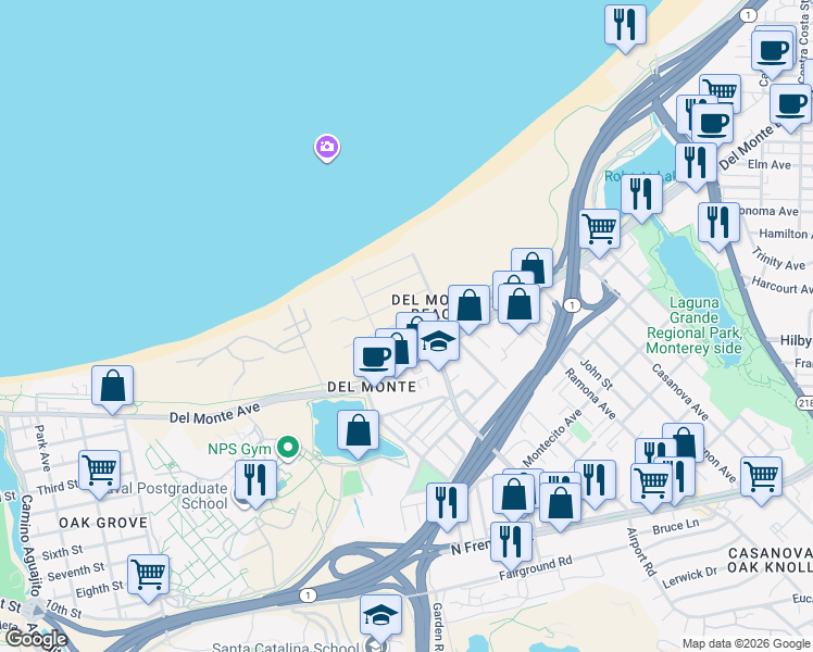 map of restaurants, bars, coffee shops, grocery stores, and more near 133 Dunecrest Avenue in Monterey