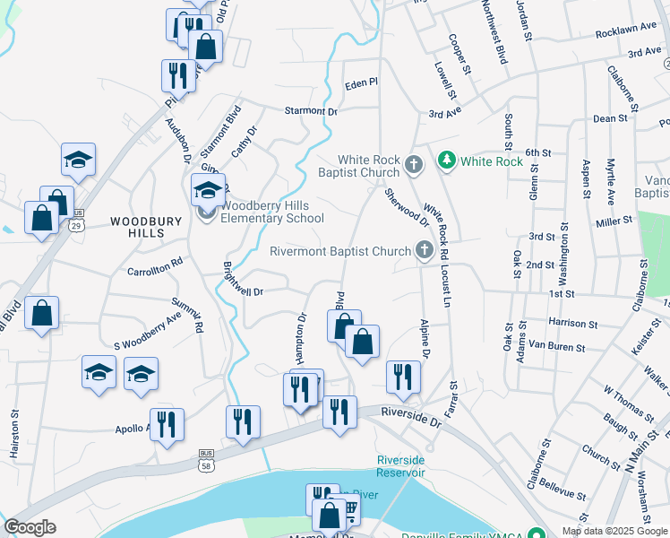 map of restaurants, bars, coffee shops, grocery stores, and more near 263 Arnett Boulevard in Danville