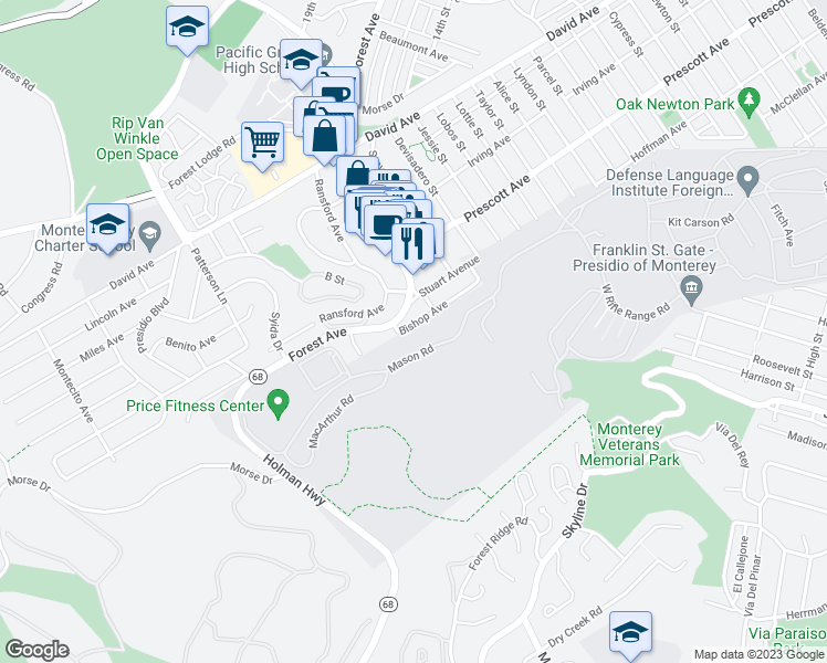 map of restaurants, bars, coffee shops, grocery stores, and more near 425 Bishop Avenue in Pacific Grove