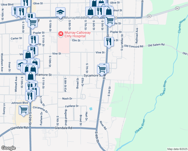 map of restaurants, bars, coffee shops, grocery stores, and more near 600 Sycamore Street in Murray