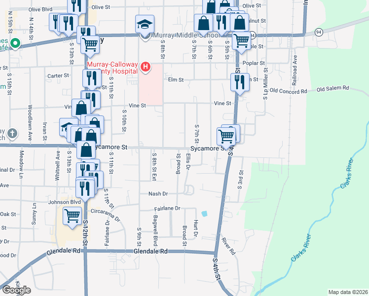 map of restaurants, bars, coffee shops, grocery stores, and more near 599 Broad St in Murray
