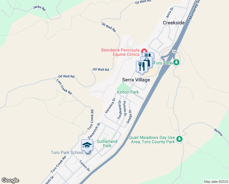 map of restaurants, bars, coffee shops, grocery stores, and more near 22594 Veronica Drive in Salinas