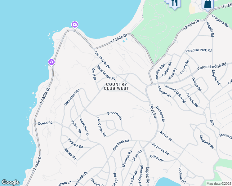 map of restaurants, bars, coffee shops, grocery stores, and more near 1022 Wranglers Trail Road in Del Monte Forest