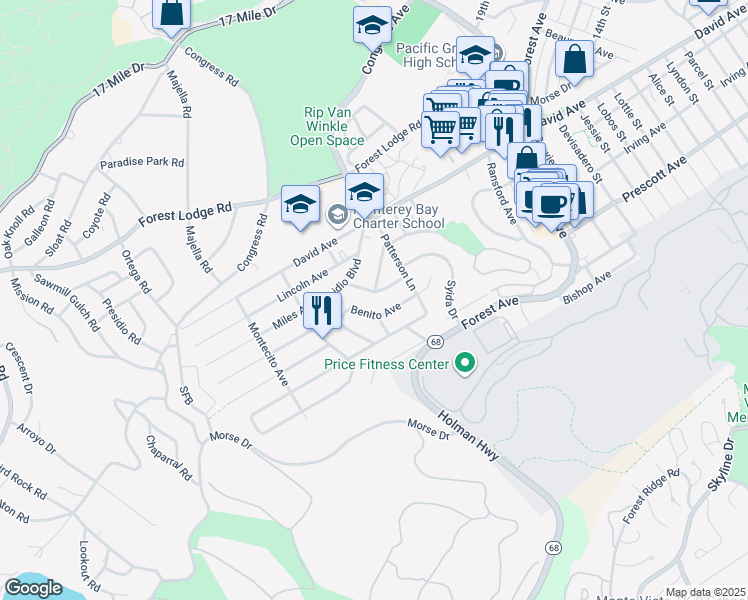 map of restaurants, bars, coffee shops, grocery stores, and more near 1026 Hillside Avenue in Pacific Grove