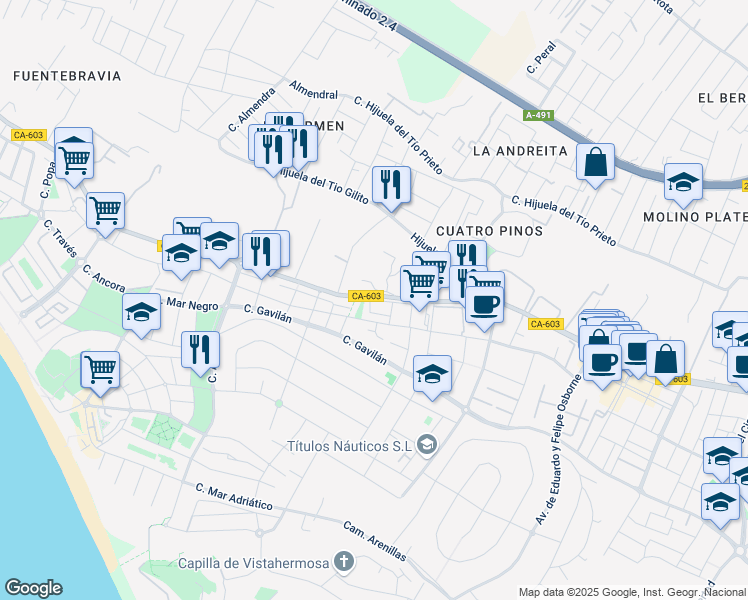 map of restaurants, bars, coffee shops, grocery stores, and more near 91 CA-603 in El Puerto de Santa María