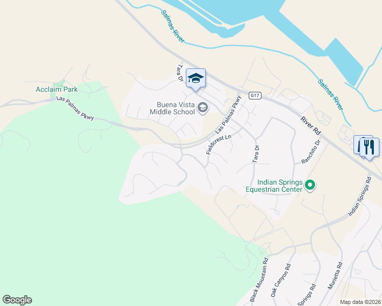 map of restaurants, bars, coffee shops, grocery stores, and more near 19115 Garden Valley Way in Salinas