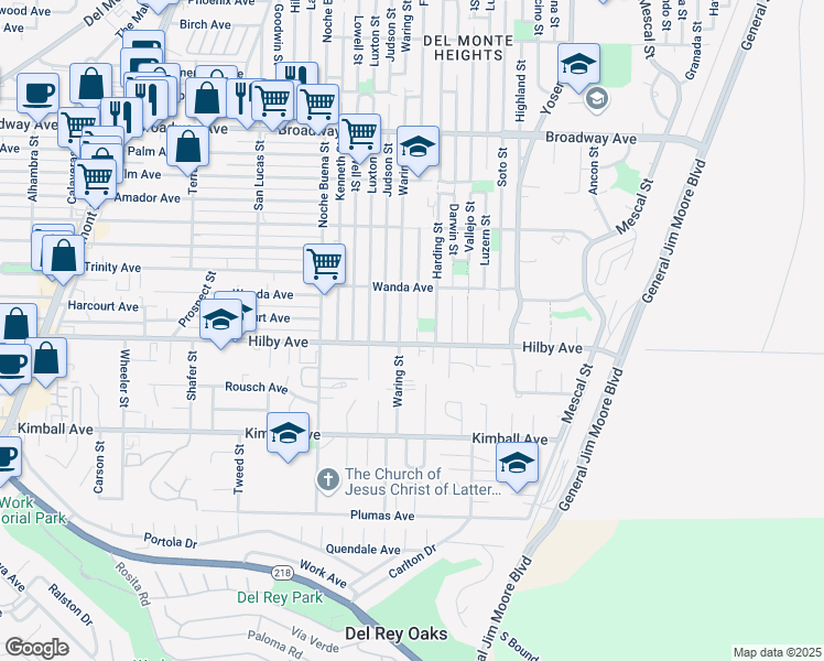 map of restaurants, bars, coffee shops, grocery stores, and more near 1213 Flores Street in Seaside