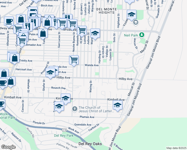 map of restaurants, bars, coffee shops, grocery stores, and more near 1213 Flores Street in Seaside