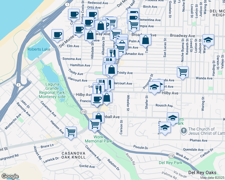 map of restaurants, bars, coffee shops, grocery stores, and more near 1212 Fremont Boulevard in Seaside