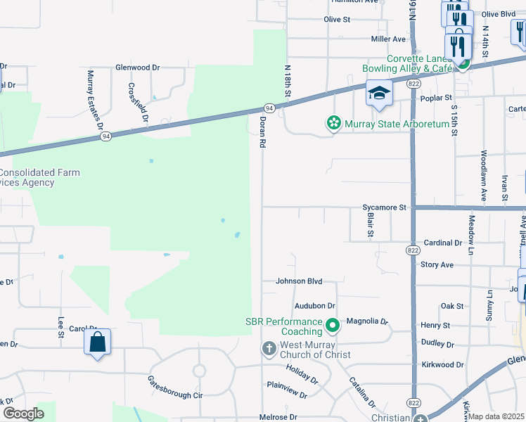 map of restaurants, bars, coffee shops, grocery stores, and more near 501 Doran Road in Murray