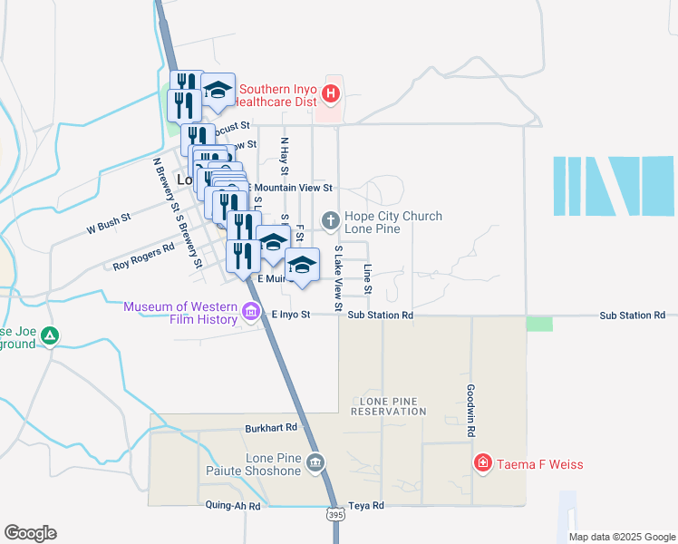 map of restaurants, bars, coffee shops, grocery stores, and more near 424 S Lake View St in Lone Pine