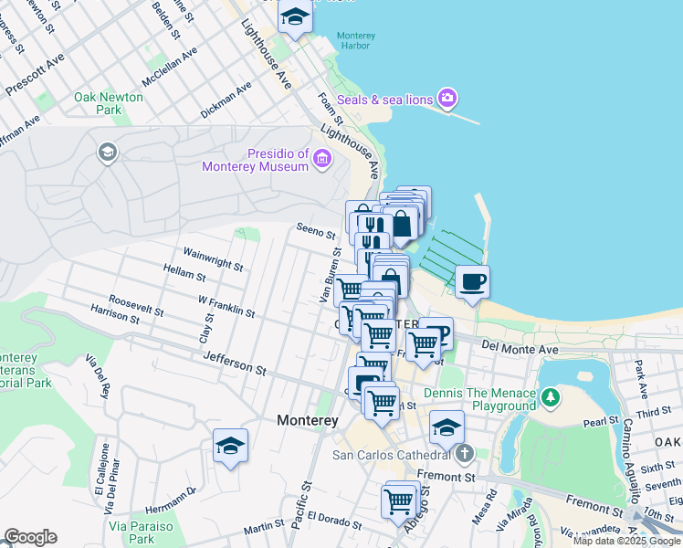map of restaurants, bars, coffee shops, grocery stores, and more near 439 Scott Street in Monterey
