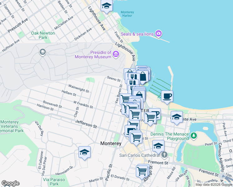 map of restaurants, bars, coffee shops, grocery stores, and more near 235 Larkin Street in Monterey