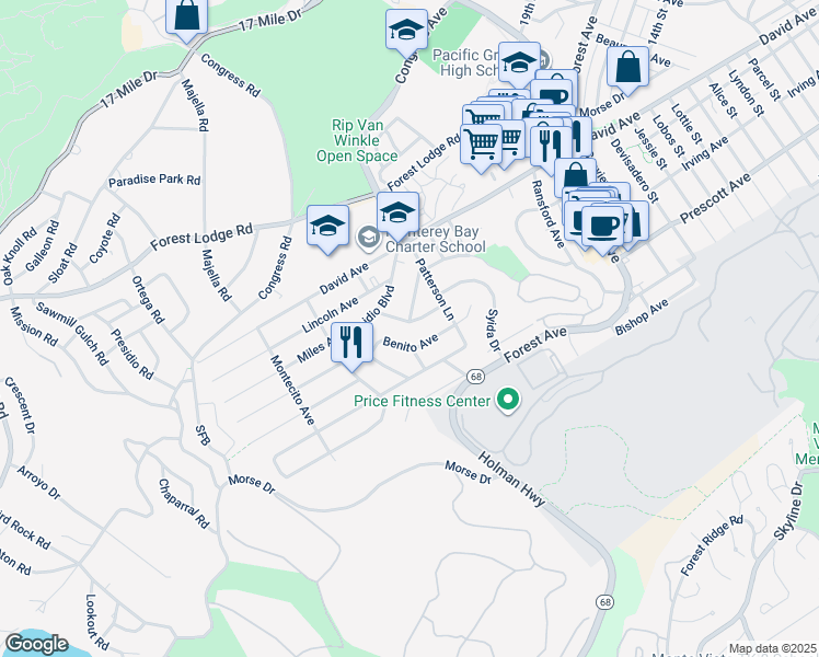 map of restaurants, bars, coffee shops, grocery stores, and more near 1026 Hillside Avenue in Pacific Grove