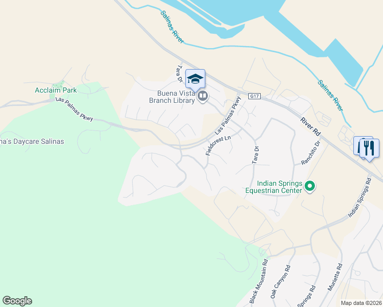 map of restaurants, bars, coffee shops, grocery stores, and more near 19115 Garden Valley Way in Salinas