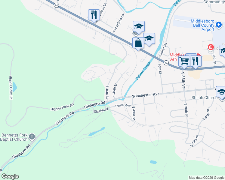 map of restaurants, bars, coffee shops, grocery stores, and more near 222 South 45th Street in Middlesboro