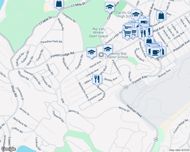 map of restaurants, bars, coffee shops, grocery stores, and more near 1127 Lincoln Avenue in Pacific Grove